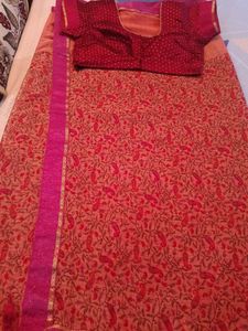 Peach- RED Printed Saree With Blouse