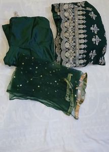 Green Long Frock Gown Type White Work