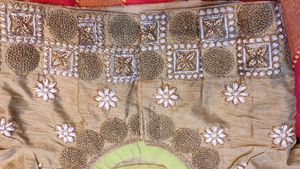 Golden Colour Blouse With Green Coloured Frill Det