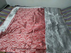New Saree Red Nd Silver With Readymade Blouse
