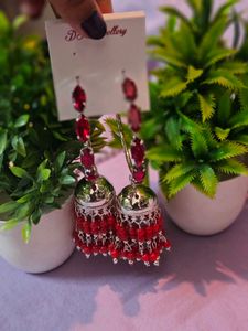 Red Silver Jhumka Earrings