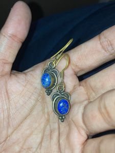 Simple Silver Oxidised Earrings With Blue Stone