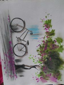 Bike and Nature oil pastel handmade painting