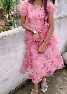 Pink Floral Ruffle Midi Dress