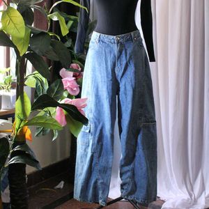 Unisex Blue Denim High Waist Baggy Jeans