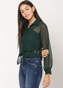 Green Sheer Tie-Front Blouse