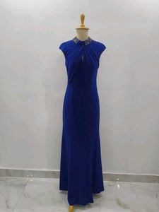 Elegant Blue Maxi Gown with Embellished Neckline