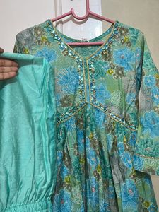 Torquoise Color A Line Kurti With Pant