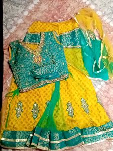Yellow+bottle Green Lehenga choli/ Half Saree