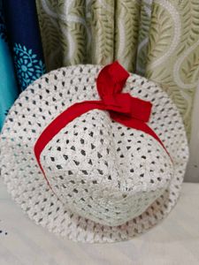 White Straw Hat with Red Ribbon