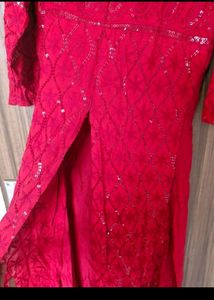 Red Chickenkari Work Kurta Set
