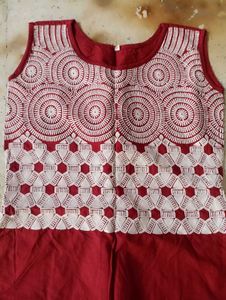 Red &amp; White Embroidered Sleeveless Dress