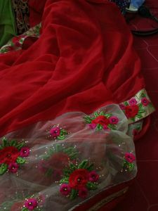 Red Saree with Floral Embroidery
