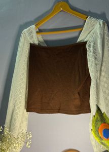 Brown Crop Top with Lace Sleeves
