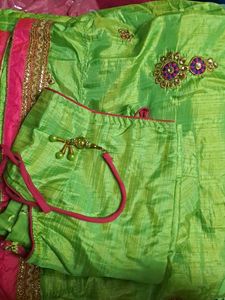 Green &amp; Pink Embellished Saree