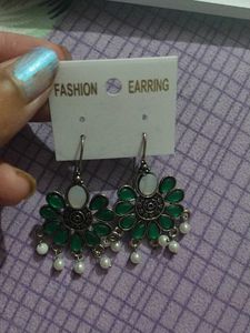 Ethnic Green & Pearl Drop Earrings