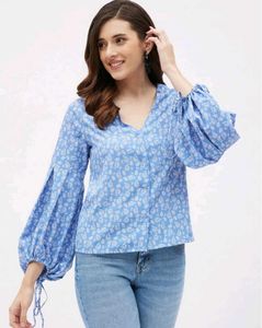 Casual Flared Sleeves Printed Women Blue Top