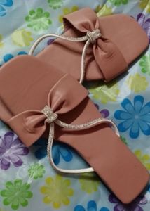 Peach Shiny Straps Flats For Women