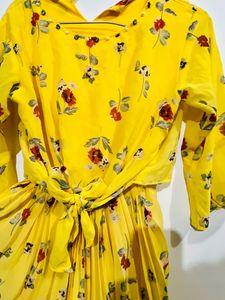 Gold-Toned Floral Dress. Embroidered Neck.
