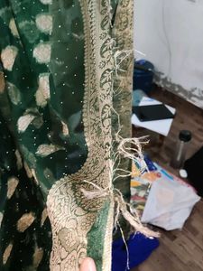 Elegant Green &amp; Gold Saree border has cut