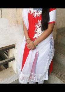 Red &amp; White Embroidered Kurta