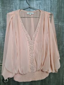 Peach-Pink Chiffon V-Neck Top