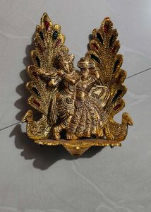 Metal Stone Radha Krishna Idol Statue with Diya fo
