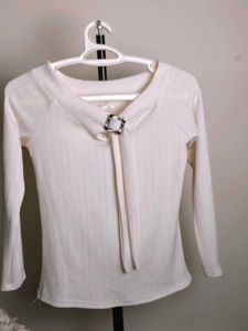 White Ribbed Top with Buckle