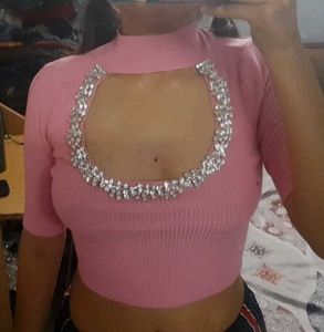 Pink Rhinestone Crop Top
