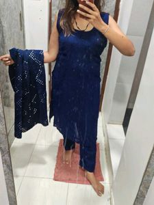 Blue Kurta Set with Long shrug Embellishment