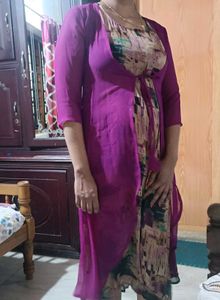 Magenta Kurta with Attached Shrug