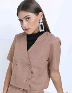 Tan Plaid Cropped Blazer