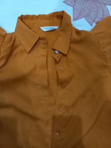 Orange Ruffle Sleeve Button-Down Top