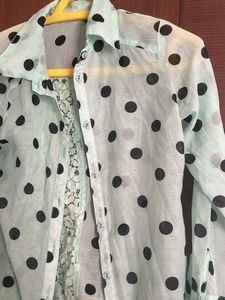 Sea Green Polka Dots Collared Shirt With Net Desig