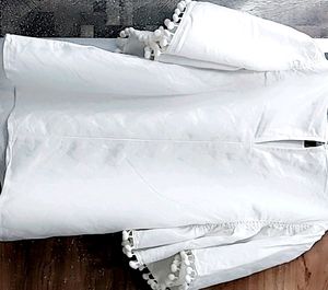 White Top And Umbrella Sleeves With White Pompom Border/ball Fringe And Cotton Material