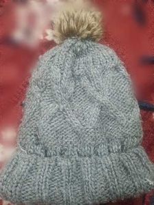 Gray Knit Beanie with Pom