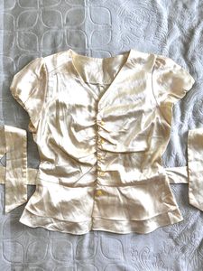 Cream Satin Fitted Button-up Top