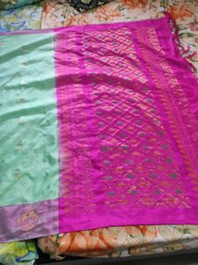 pista with pink soft silk. Saree
