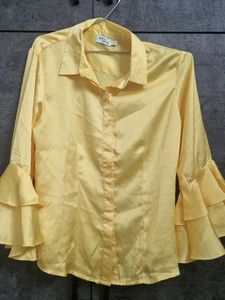Yellow Ruffle Sleeve Button-Down Top