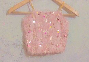 Pink Fuzzy Sequin Crop Top