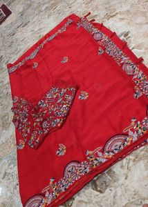 Red Embroidered party wear saree
