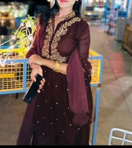 Dark Brown Coffee Colour Short Frock Kurta With Plazo... Beautiful Hand Work U Can See In Video
