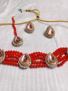 Red Kundan And AD Choker Set