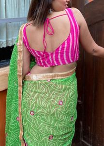 Chic Pink and Green Leheriya Saree with Blouse