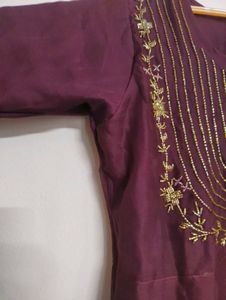 Wine Colour Kurtha With Gold Beads Hand embroidere