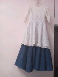 White &amp; Blue Gown With Plazo
