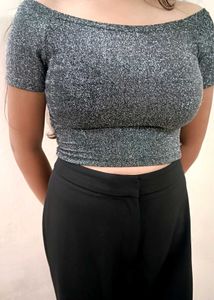 Sparkly Black And Silver Crop Top