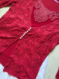 Red Lace Top with Pearl Buttons