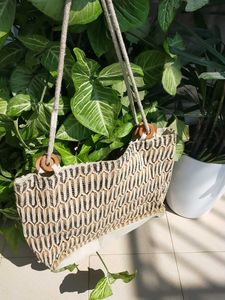 Woven Tote Bag with Wooden Handle Detail