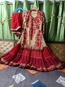 Elegant Red Embroidered Kurta skirt  Set